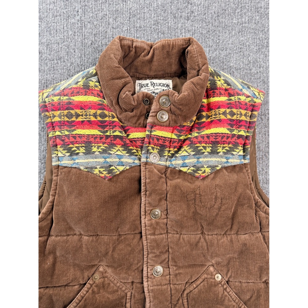 True Religion Mens Large Brown Corduroy Puffer Vest Southwestern Yoke Vintage L - Picture 3 of 7
